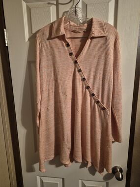 Soft Surroundings Peach-Striped Asymmetrical Button-Accent Dress
